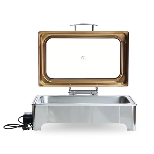 Image of Malabar Stainless Steel Chafing Dish with Transparent Lid, Rectangular Chafing Dish Set with Hydraulic Lid, Mirror Finished Buffet Food Warmer (Electric, 9 LTR - Rose Gold)