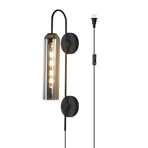Image of BOKT Mid Century Plug in Wall Sconce Black Bathroom Wall Mounted Light with Smoke Glass Minimalist Long Wall Decor Lamp Plug in Cord Modern Bathroom Vanity Sconces Indoor Bedside Wall Lamp