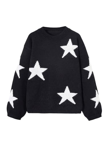 WDIRARA Girl's Star Print Sweater Crew Neck Long Sleeve Knitwear Casual Pullover Tops