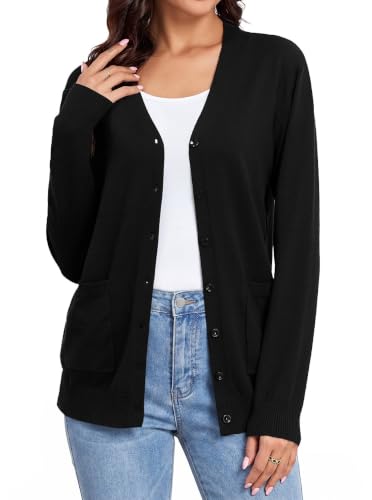 Image of Women's Lightweight Button Down Cardigan Sweaters Long Sleeve Classic V Neck Knit Soft Shrugs with Pocket