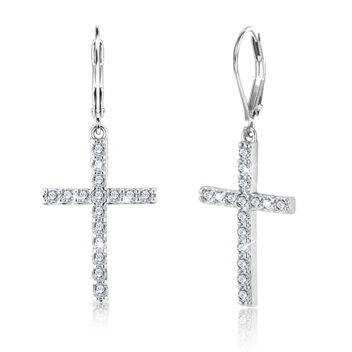 925 Sterling Silver Cross Dangle Earrings for Women 14K Gold Plated Dainty Minimalist CZ Cross Dangle Drop Earrings for Women Trendy Hypoallergenic Leverback Earings