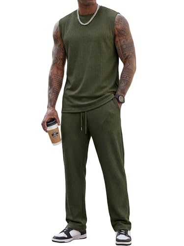 JMIERR Men Fashion 2 Piece Set Casual Muscle Tank Baggy Pants Stretch Textured Beach Street HipHop Sleeveless Shirts