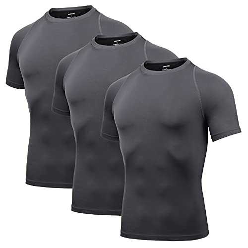 AMZSPORT Maglietta a Compressione da Uomo, a Maniche Corte, Funzionale, Cool Dry, per Allenamento e Corsa, 112025-grigio X 3, M