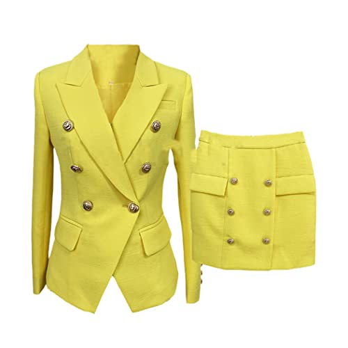 Blazer jaune femme chic à double boutonnage boutons dorés XL