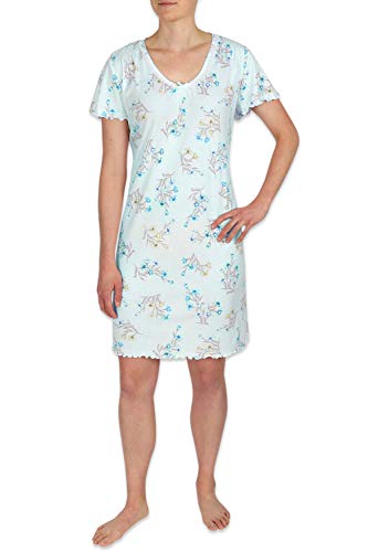Miss Elaine Nightgown - Women's Printed Knit Gown with Short Flutter Sleeves (Medium, Blue Sprays on Mint)