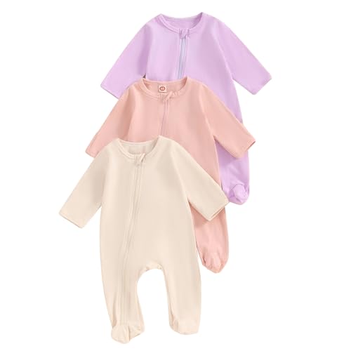 Image of Merqwadd Baby Girl Zipper Pajama Footies 3 Pack Cotton Sleeper Coming Home Infant Clothes