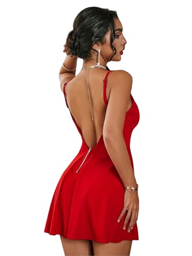 SISKIN Summer Dresses for Women 2025, Prom Party Evening Birthday Dresses, Zipper Solid Color A-Line Sexy Spaghetti Strap Hot Shot Mini Open Back Dress Red L