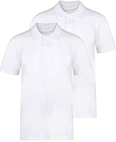 Plain Polo Shirt (Pack of 2) Boys and Girls Age 3-14, 100% Cotton School P.E Sports Gym Short Sleeve Outdoor (White, 13-14)
