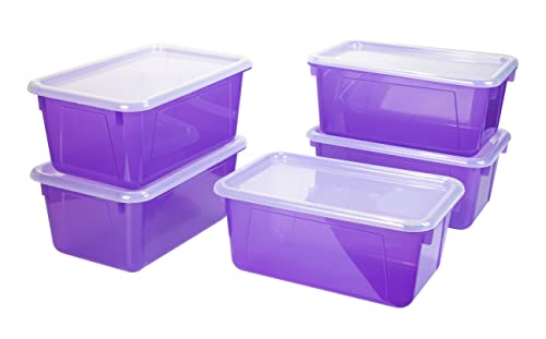 Image of Storex Small Cubby Bins - Plastic Storage Containers for Classroom with Non-Snap Lid, 12.2 x 7.8 x 5.1 inches, Tint Violet, 5-Pack (62484A05C)