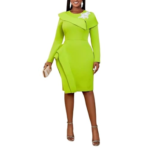 Women's Fashion Floral Applique Business Work Dress Elegant Round Neck Long Sleeve Ruffle Bodycon Midi Pencil Dress