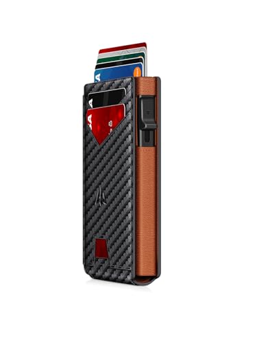 Image of Wallet for Men, Slim Minimalist Wallet with Money Clip＆ID Window, RFID Blocking Pop-Up Credit Card Holder, Smart Auminum Mens Wallet Holds 9-13 Cards (Gift Box) (Carbon Fiber & Orange)