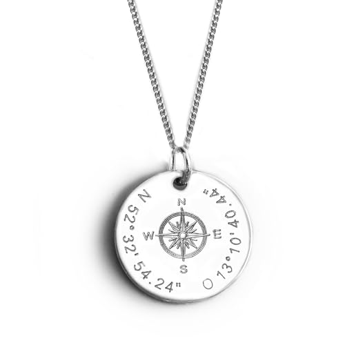 LATIGGA Runder Kompass - Anhänger mit Silberkette, Koordinaten Kette mit...