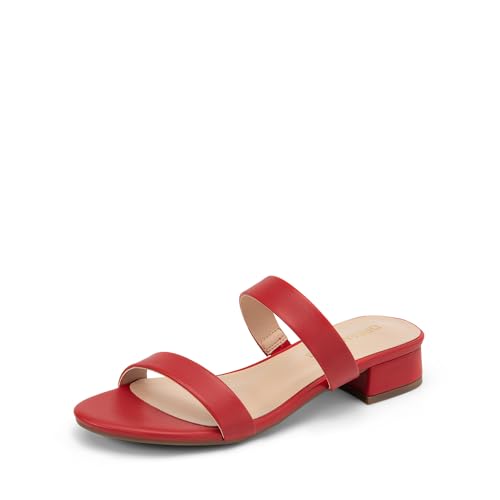 DREAM PAIRS Women's Slides Heels Slip On Low Block Sandals Two Strap Open Round Toe Chunky Casual Summer Mules Shoes,Size 9.5,Red,DWUMSS2511