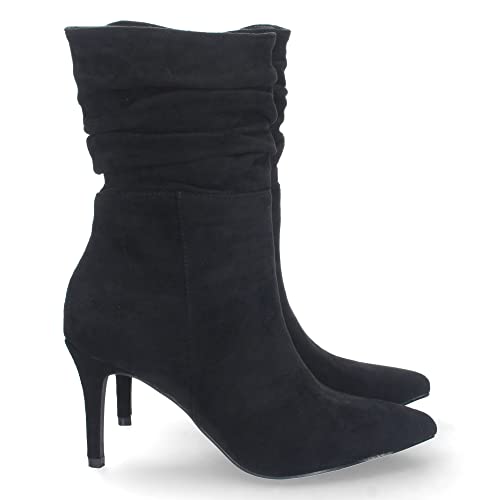 shoes&blues.es 69249-Botin de Tacon Fino para Mujer, Comodo, de Punta Fina, con Cana Arrugada, y Cierre de Cremallera, Otono Invierno 2022. Talla 36 Negro