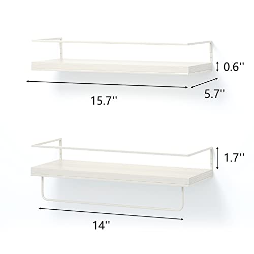 Image of Shario - Set of 2 Floating Shelves with White Towel Rail Wall Hanging, Decorative Storage Shelves for Bathroom, Kitchen, Living Room and Bedroom (Rustic White)