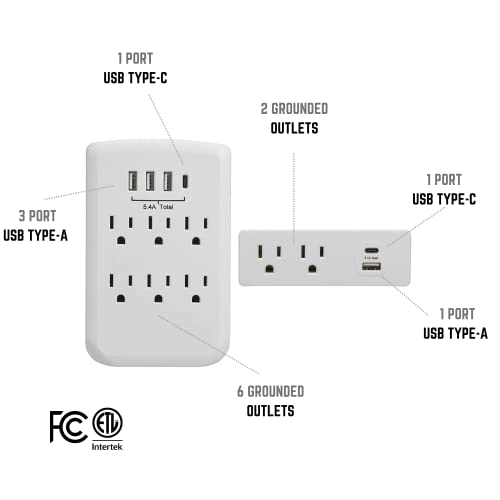 Clear Power Combo: 2-Outlet Travel tap w/USB-A & USB-C Chargers & 6-Outlet Wall-tap w/3-port USB-A & 1-Port USB-C Chargers, CP30008