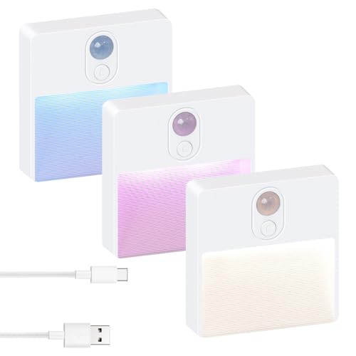 Image of ASAWASA LED Motion Sensor Night Light, 7 Colors Rechargeable Magnetic Decor Wall Lights, Dimmable, Suitable for Bathroom hallways bedrooms Kitchen cabinets Staircase(3 Pack)