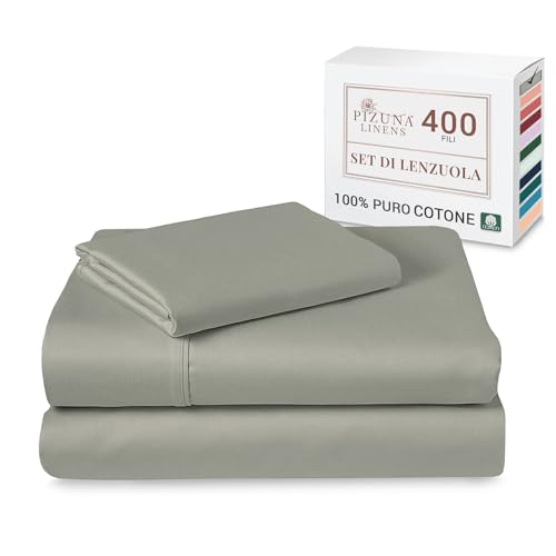 Pizuna Set Lenzuola letto singolo Cotone 90x200 cm argento, 400 fili con trama Sateen in 100% Cotone a fiocco lungo Biancheria De Letto con 1 lenzuolo con angoli, 1 lenzuolo sopra, 1 federa