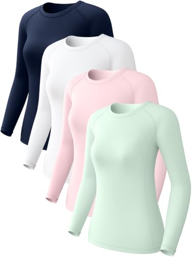 Image of Womens Long Sleeve Compression Shirts Sun Protection Workout Underscrubs | UPF 50+ breathable UV SPF rash guard, Moisture wicking dry fit cooling undershirt, Snug stretch tops for gym & daily wear