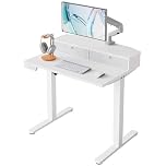 HUANUO 80 x 53 cm Small Electric Standing Desk with Drawers, C-Clamp Mount Compatible, Height Adjustable Sit Stand Desk, Home Office Stand Up Desk with 4 Memory Height Settings, White