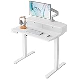 HUANUO 80 x 53 cm Small Electric Standing Desk with Drawers, C-Clamp Mount Compatible, Height Adjustable Sit Stand Desk, Home Office Stand Up Desk with 4 Memory Height Settings, White