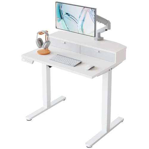 HUANUO 80 x 53 cm Small Electric Standing Desk with Drawers, C-Clamp Mount Compatible, Height Adjustable Sit Stand Desk, Home Office Stand Up Desk with 4 Memory Height Settings, White