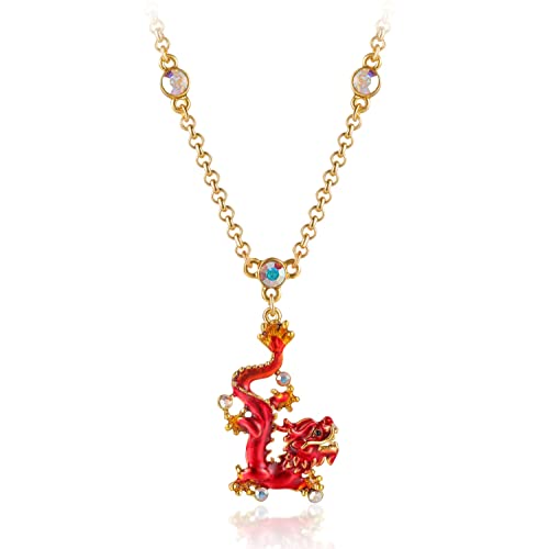 superchic Handmade Red Enamel Chinese Fierce Animal Dragon Pendant Necklace with Austrian Crystals in Gold Plating
