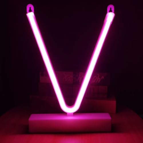 Image of V Letter Pink Neon Signs Led Neon Light up Decorative Art Lights Battery /USB Operated for Home Shop Bar Baby Shower Birthday Wedding Party,Valentine Gifts