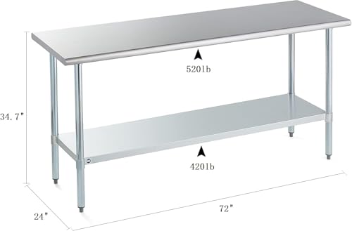 Image of ROCKPOINT Stainless Steel Table for Prep & Work 24x72 Inches, NSF Metal Commercial Kitchen Heavy Duty Table with Adjustable Under Shelf and Table Foot for Restaurant, Home and Hotel
