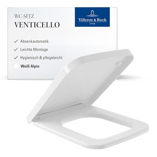Villeroy & Boch Venticello WC-Sitz - Toilettendeckel mit Absenkautomatik - Abnehmbarer, bruchsicherer Toilettensitz aus Duroplast - Ersatzteil - Klodeckel in eckiger Form - Weiß Alpin, glänzend