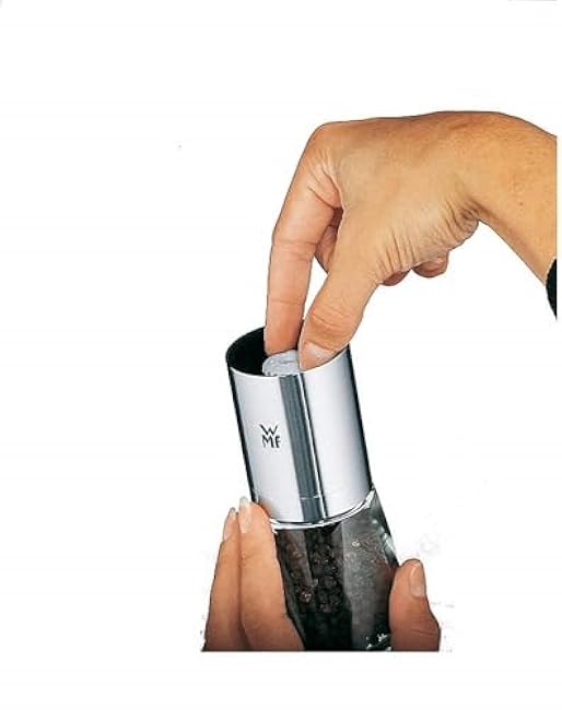 WMF De Luxe Pepper Mill Set 2-Piece Filled 14 cm Diameter 6 cm Cromargan Stainless Steel Glass Ceramic Grinder Mill for Salt / Pepper / Chilli Pepper / Copper / Ceramic Grinder