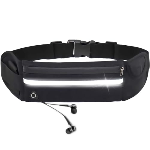 Running Belt, Adjustable Strap Waist Pack Fanny Pack Phone Holder Belt Pouch with Water Bottle Headphone Jack, Slim Reflective Waterproof Sweatproof Waistpacks Running Bag for Men and Women (Black)