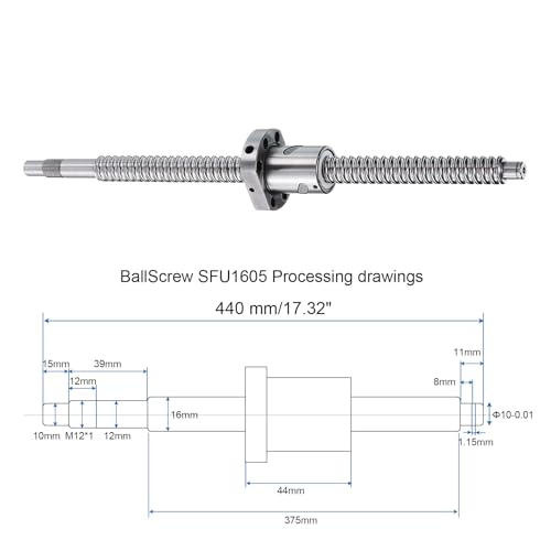 QUARKZMAN BallScrew SFU1605 (Durchmesser 16mm, Steigung 5mm, Länge 440mm) mit Kugelgewindemutter Anti-Backlash Kugelgewindesatz Standard-Endbearbeitung für BK/BF12 CNC-Maschinenteile