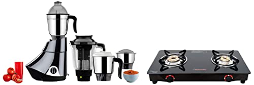 Butterfly Smart Glass 2 Burner Gas Stove, Black & Smart 750-Watt Mixer Grinder with 4 Jar (Grey) Combo