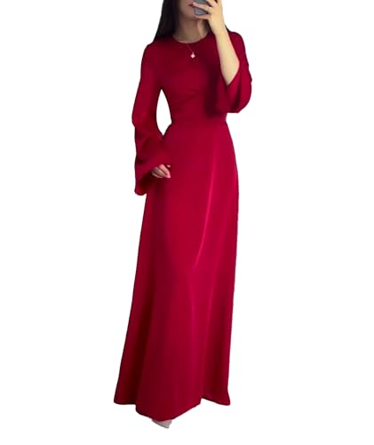 xxxiticat Vestido largo de satén de seda para mujer, manga larga, cuello redondo, espalda con cordones, vendaje, boda, fiesta, maxi vestidos, Rojo  , XXL