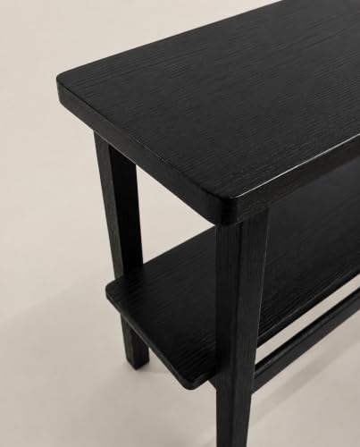 Image of Solid Sheesham Wood Side Table with Storage Shelf, Modern End Table for Living Room & Bedroom, Black Finish