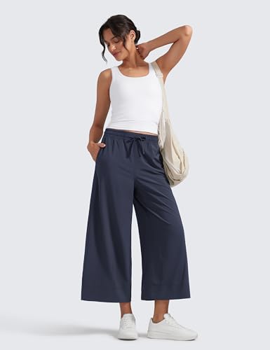 Image of CRZ YOGA Lightweight Wide Leg Crop Pants 25 inch | Casual, Travel, Comfy, Soft, Split, Loose Fit, Pockets, for Women