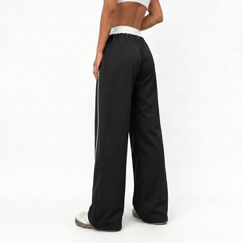 Image of Women's Baggy Loose Fit Wide Leg Track Pants | Elastic Waist Drawstring Casual Lounge Trousers with Side Stripe and Pockets