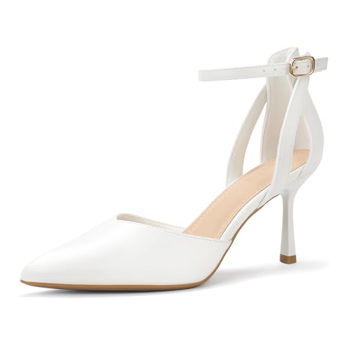 IDIFU IN3 Womens Closed Toe Heels Pointed Toe Kitten Low Pumps Stiletto Removable Bow Ankle Strap Dress Shoes for Women Wedding Bride Party Prom Heels Dressy Comfortable Formal Pumps Shoes