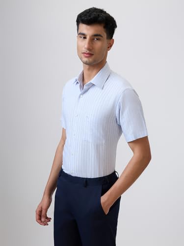 Image of Raymond Men Regular Fit Stripe Pattern Cotton Linen Blend Semicutaway Collar Half Sleeve Formal Shirt