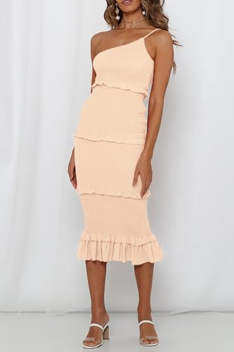 Image of PRETTYGARDEN Women's Summer Midi Bodycon Dresses One Shoulder Strappy Tiered Ruffle Floral Boho Sun Dress