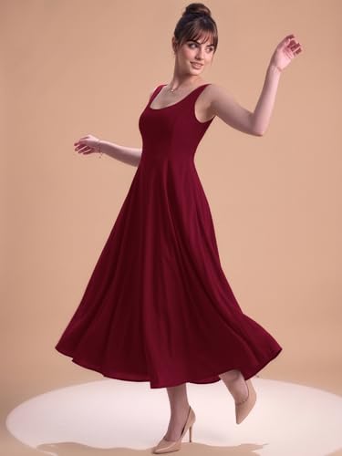Image of Aahwan Solid Fit and Flared Round Neck Midi Dress for Women's & Girl's