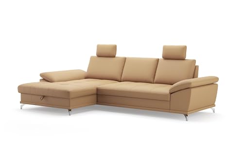 Cavadore Sofá esquinero Castiel con muelles/Sofá esquinero con Chair XL, Cama, cajón, Altura del Asiento, reposacabezas y Patas de Metal Negro Mate, 301 x 89-114 x 176 cm, Piel auténtica, Color