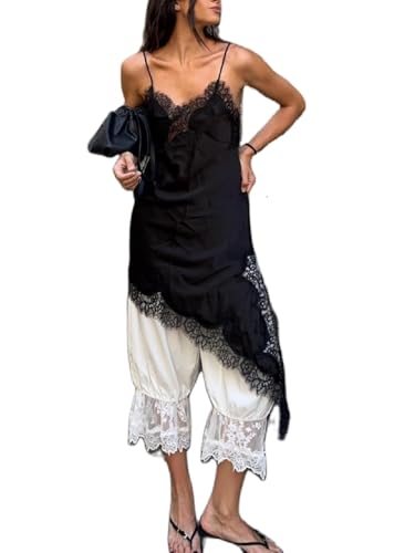 FeMereina Tops Alto-Bajo de Mujer con Ribete de Encaje de Satén y Seda con Tirantes Espagueti Abertura Lateral Asimétrica Cami Top Holgada Sedosa Tops de Capas, Negro, S