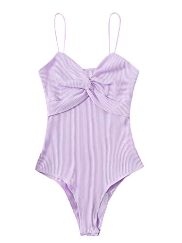 Milumia Women s Elegant Twist Front Spaghetti Strap Ribbed Knit Cami Bodysuit Tops Lilac Purple Large