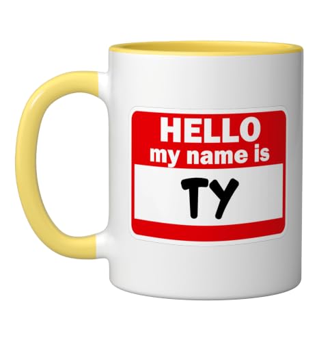 Ty Hello Hi My Name Is Tshirt Name On Custom Ceramic Mug, Yellow/White
