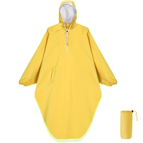 ANYOO Wasserdichter Regenponcho Regenjacke mit Kapuze f&uuml;r Damen und Herren, Leichter und Winddichter Regenmantel mit &Auml;rmeln f&uuml;r Outdoor Wandern, Radfahren, Gelb, Einheitsgr&ouml;&szlig;e, 1 Tasche