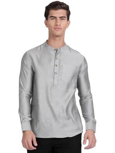 Image of KRYPTIC Men's Full Sleeve Regular Fit Short Kurta in Premium Pure Cotton with Patch Pocket and Mandarin Collar - Perfect Blend of Style and Comfort
