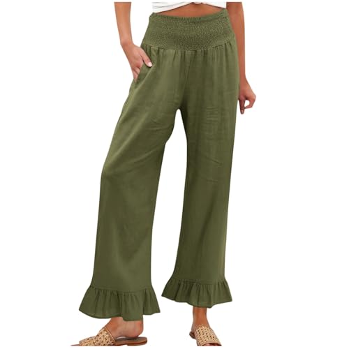 Image of Women Linen Pants Dressy Casual Summer Boho Ruffle Hem Wide Leg Cropped Pants Smocked High Waisted Palazzo Pant