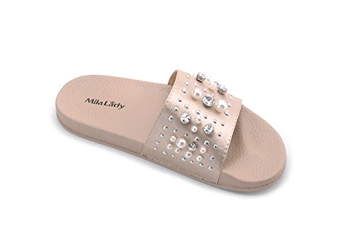 Mila Lady Womens Summer Non-Slip Pearl Slides Sandals Slipper for Indoor Outdoor Beach Casual Shoes, Sandy Nude 7